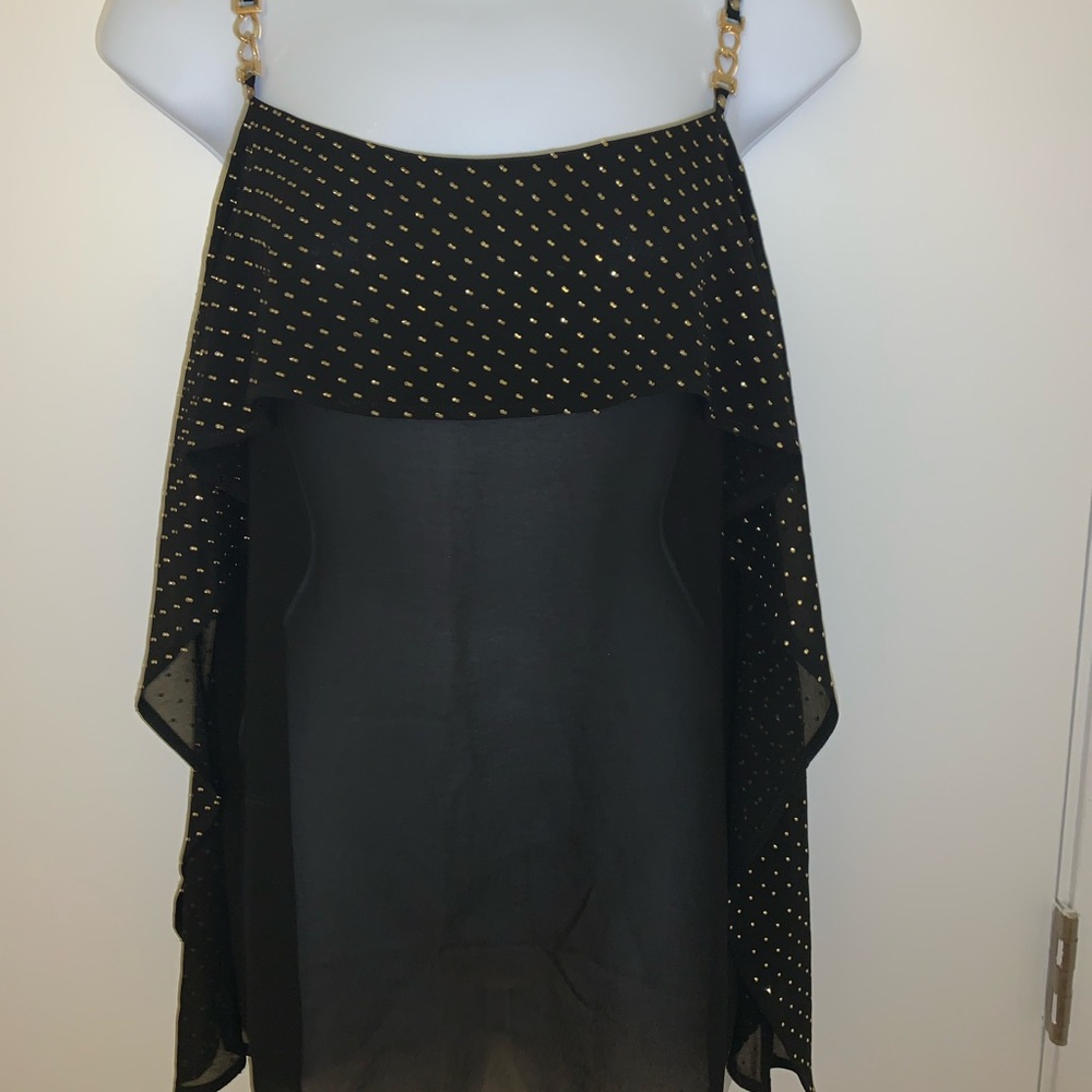 Caché black, sheer blouse/tank top w/ gold detail. Size S.